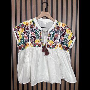 THML Top Small Womens White Embroidered Top Short Sleeve Frayed Boxy Babydoll